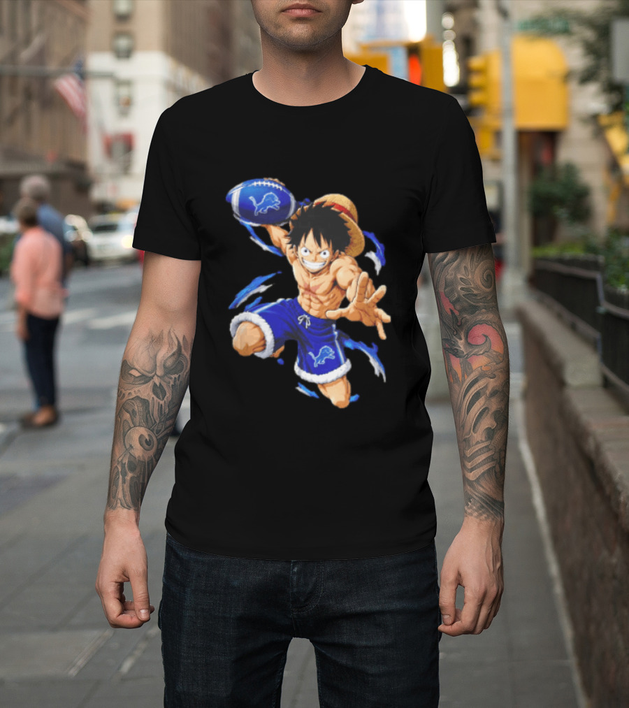 Detroit Lions Luffy Anime Football Action Pose T-Shirt
