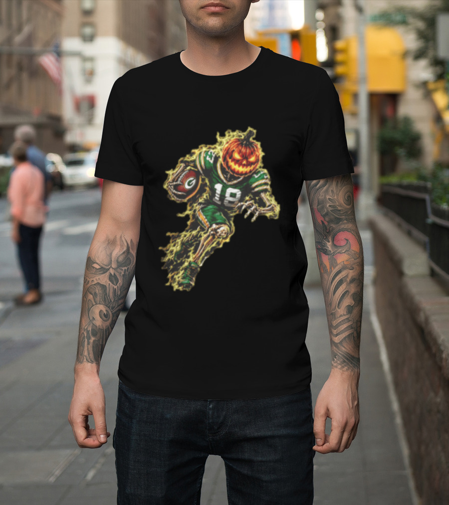 Green Bay Packers Halloween Pumpkin Head Skeleton Football Player Running T-Shirt