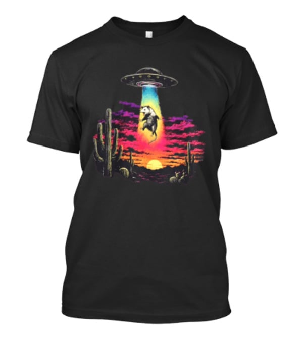 UFO Opossum Abduction In Desert Sunset Scene With Cacti And Colorful Sky T-Shirt