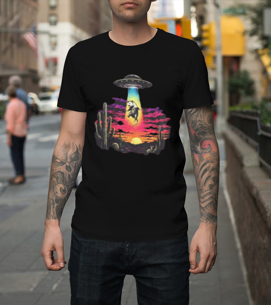 UFO Opossum Abduction In Desert Sunset Scene With Cacti And Colorful Sky T-Shirt