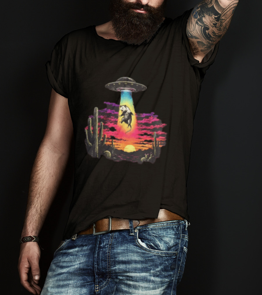 UFO Opossum Abduction In Desert Sunset Scene With Cacti And Colorful Sky T-Shirt