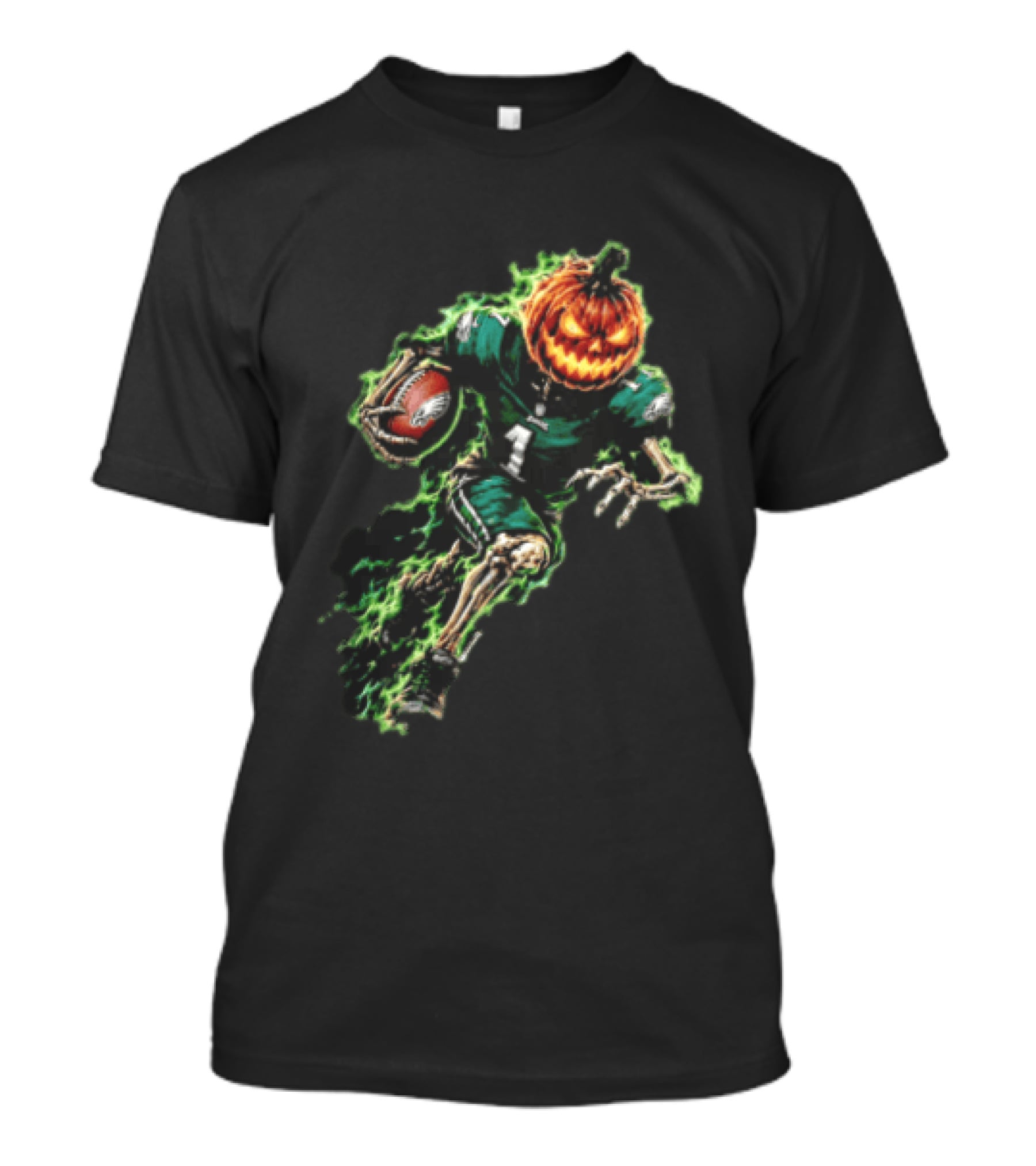 Philadelphia Eagles Pumpkin Head Skeleton Player Green Flames Football T-Shirt