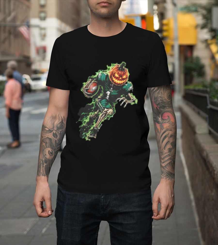 Philadelphia Eagles Pumpkin Head Skeleton Player Green Flames Football T-Shirt