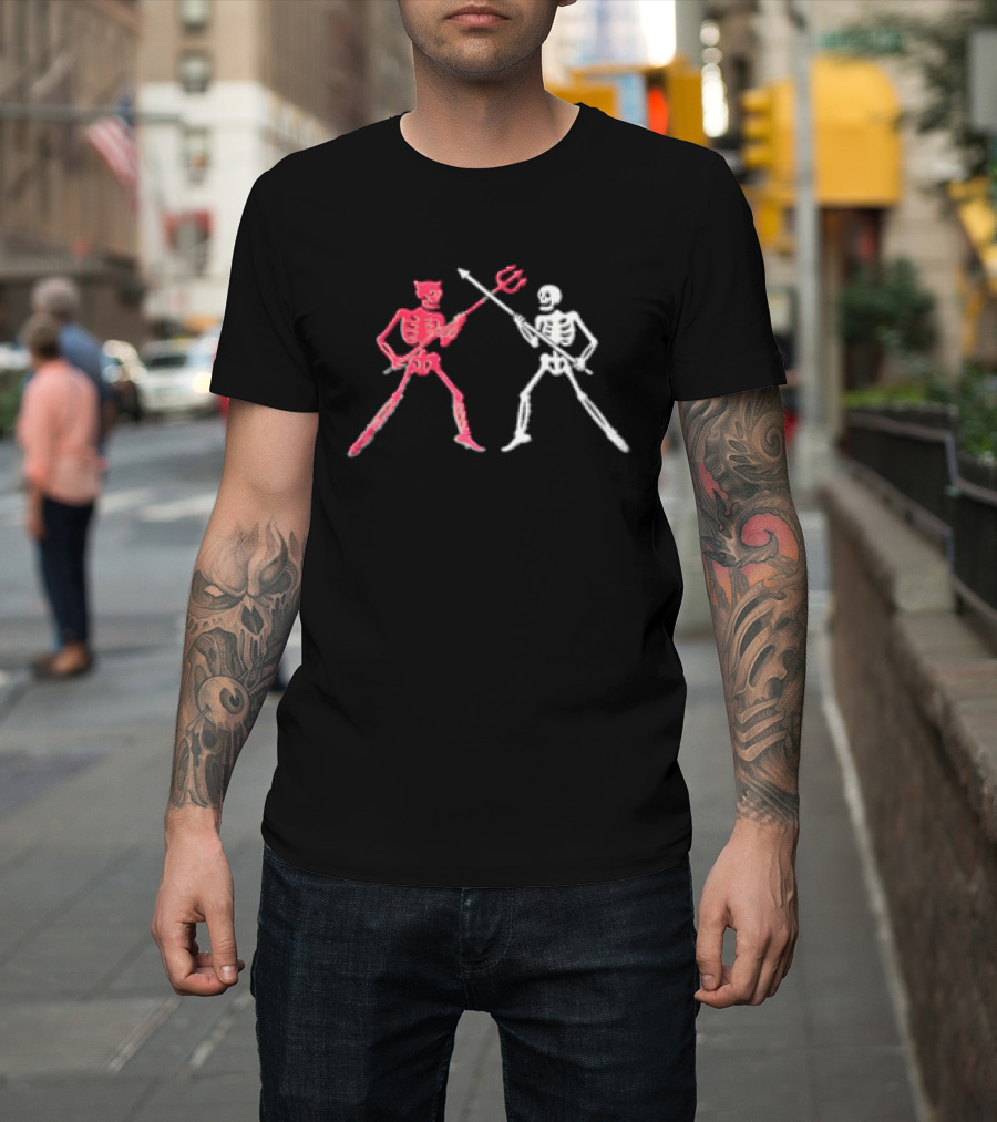 Red Horned Devil And White Skeleton Dueling With Spear And Trident Line T-Shirt