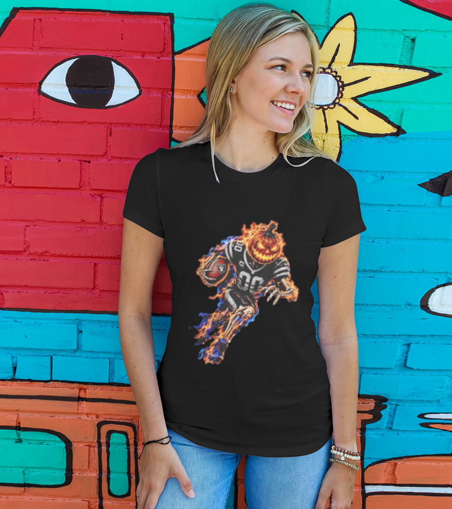 Las Vegas Raiders Flaming Pumpkin Skeleton Football Player Halloween T-Shirt