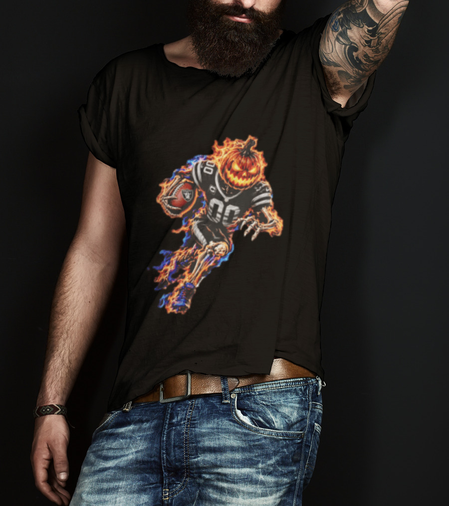Las Vegas Raiders Flaming Pumpkin Skeleton Football Player Halloween T-Shirt