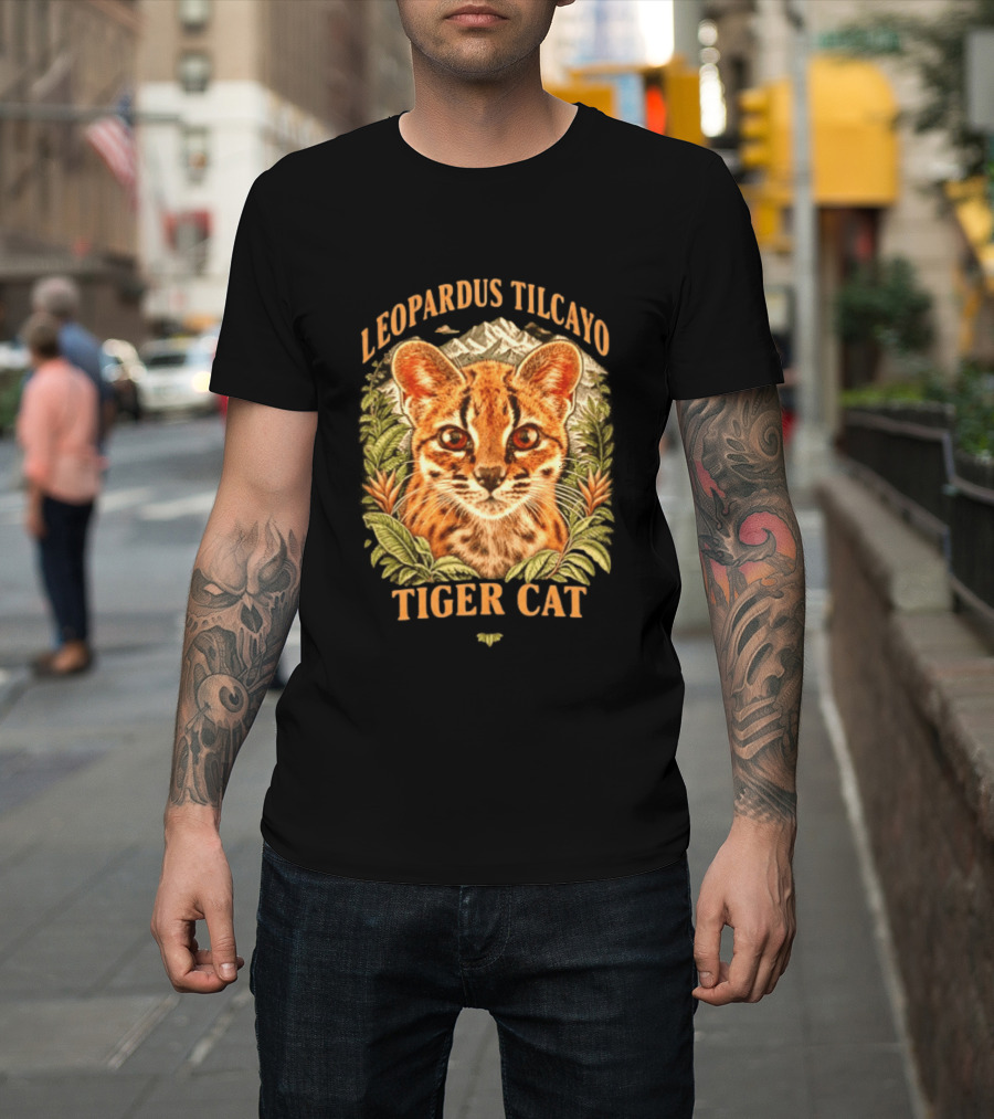 Leopardus Tilcayo Tiger Cat Wildlife Art With Foliage And Mountain T-Shirt