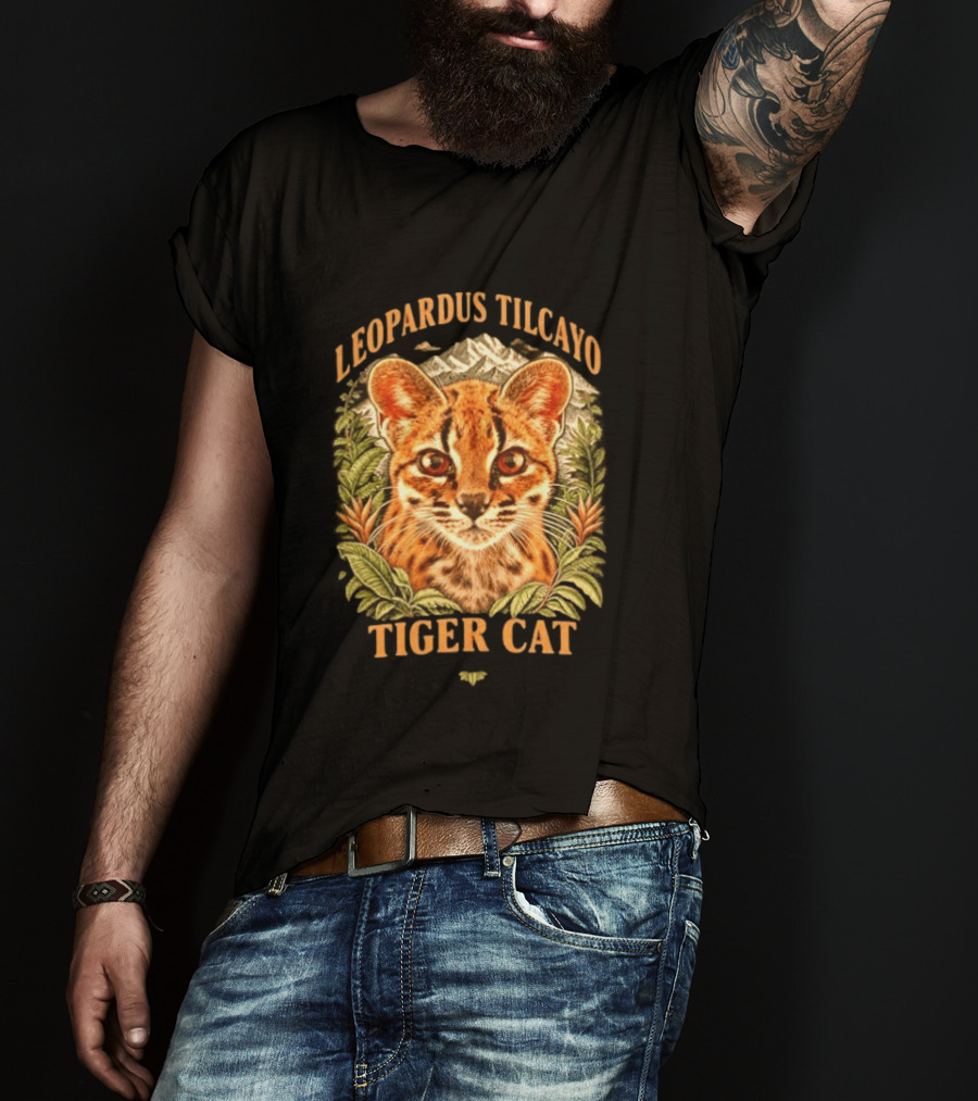 Leopardus Tilcayo Tiger Cat Wildlife Art With Foliage And Mountain T-Shirt
