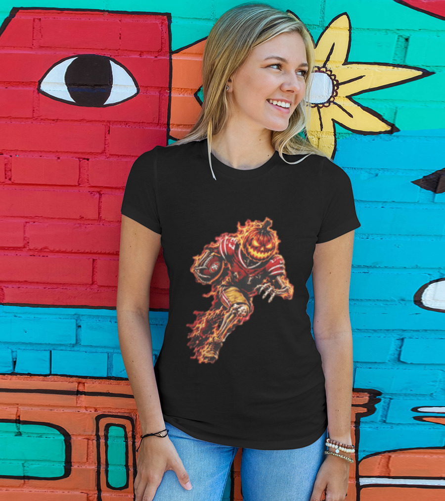 San Francisco 49ers Halloween Fiery Pumpkin Head Skeleton Football Player T-Shirt