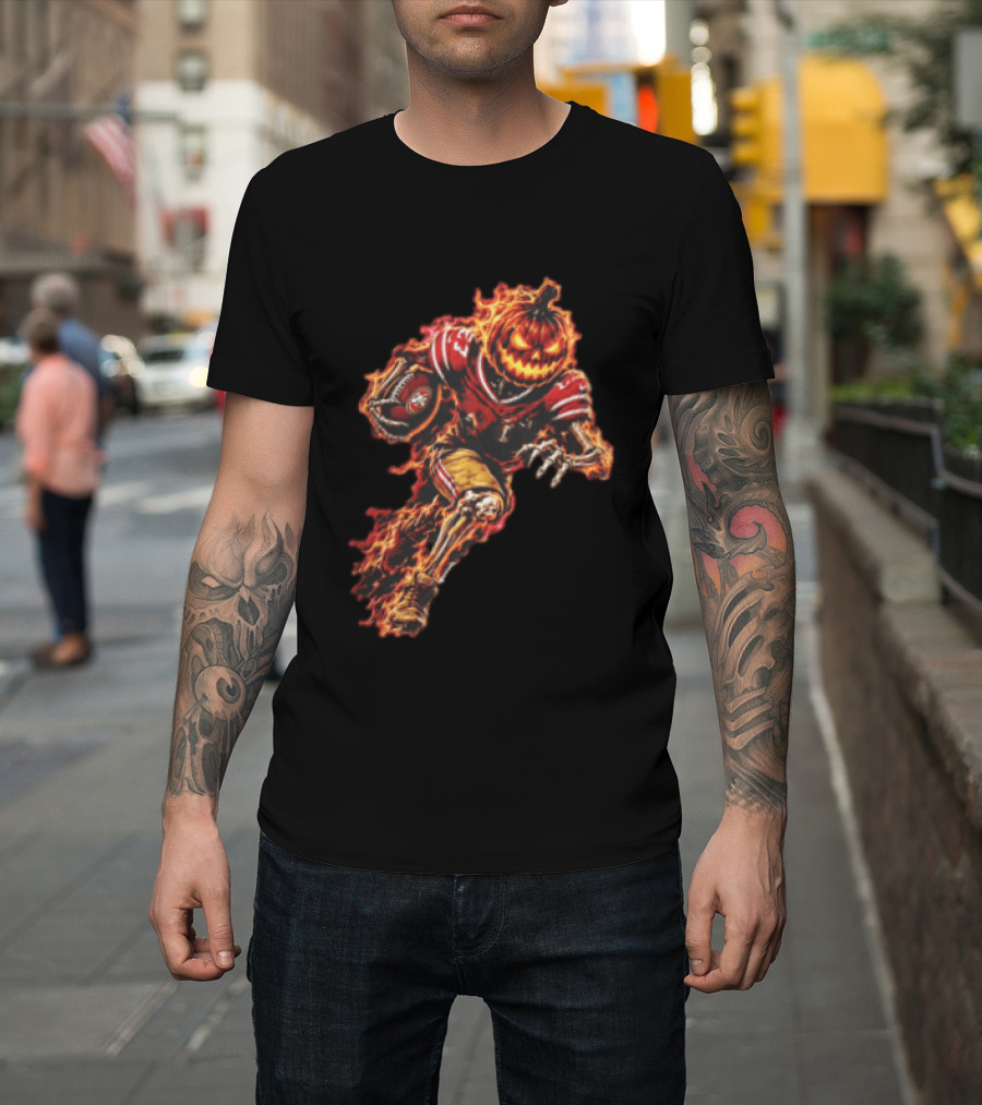 San Francisco 49ers Halloween Fiery Pumpkin Head Skeleton Football Player T-Shirt