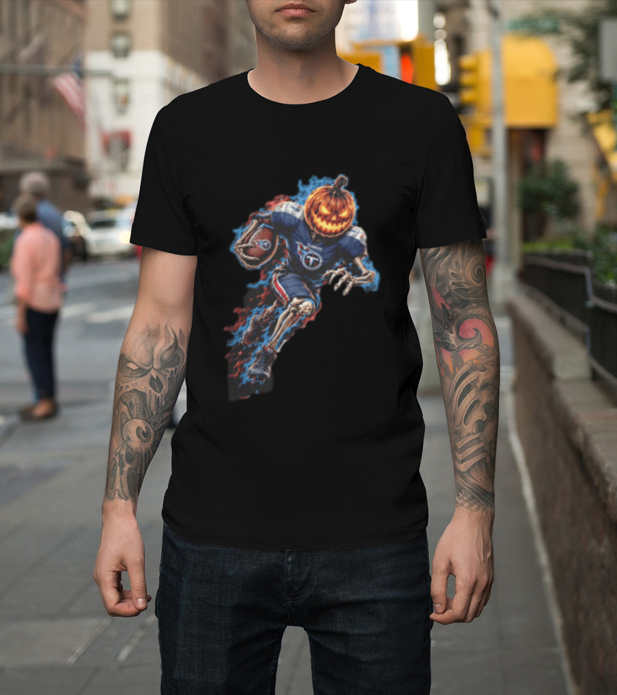 Tennessee Titans Pumpkin Head Skeleton Football Player Blue Flames Halloween NFL T-Shirt