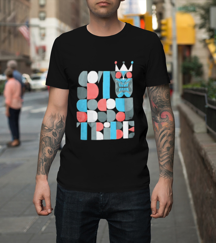 Tribe Crowned Tiki Mask Geometric Color Block T-Shirt