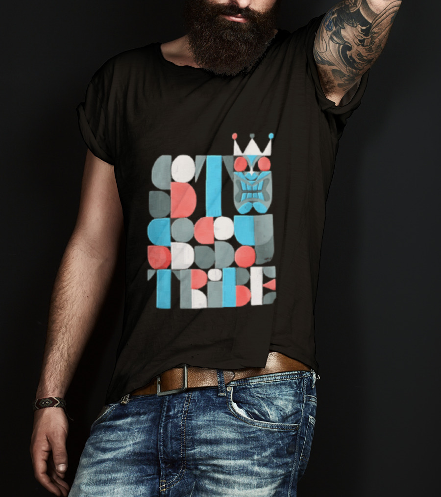 Tribe Crowned Tiki Mask Geometric Color Block T-Shirt