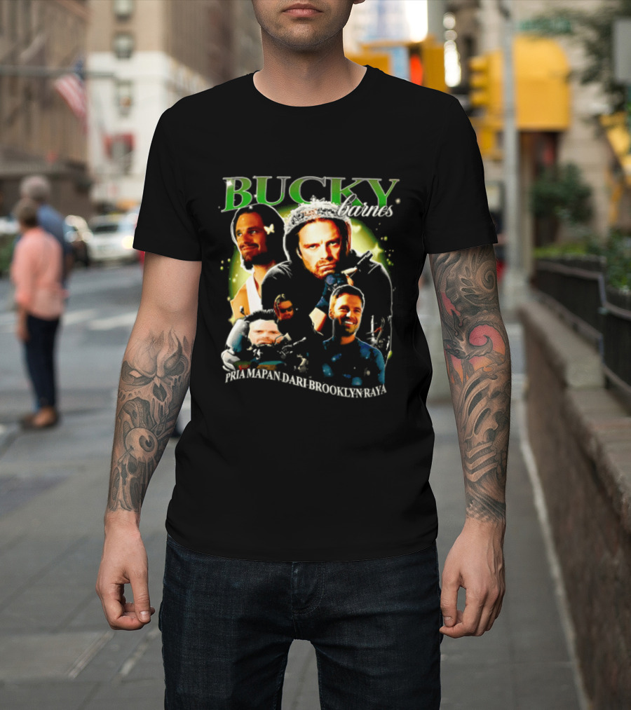 Bucky Barnes Sebastian Stan Pria Mapan Dari Brooklyn Raya Multiple Photos Crown Marvel T-Shirt