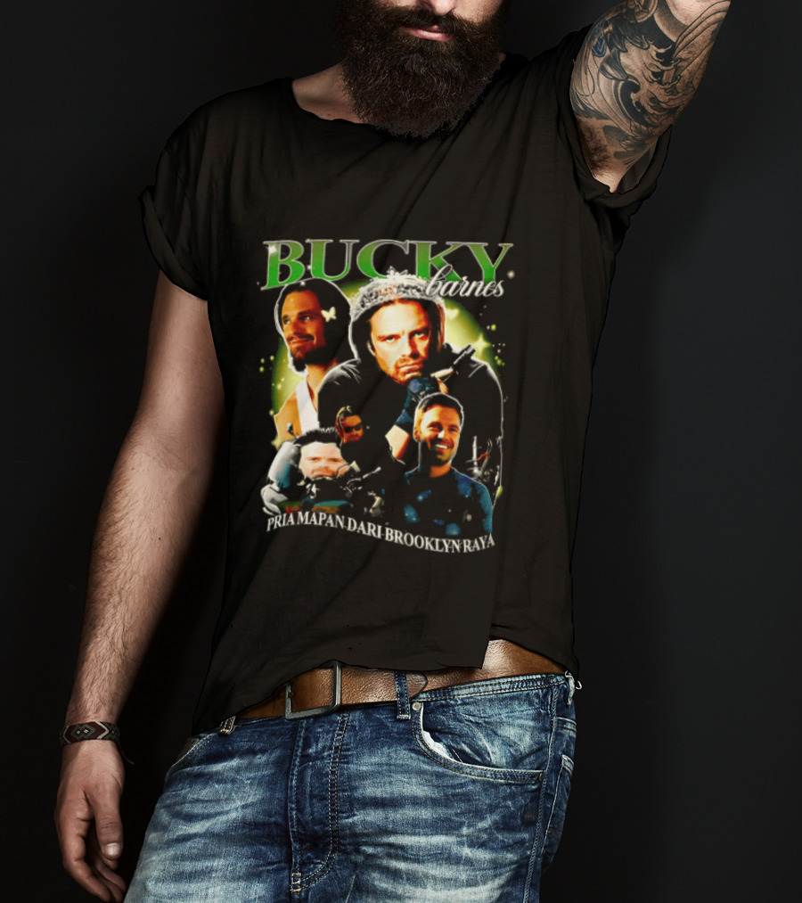 Bucky Barnes Sebastian Stan Pria Mapan Dari Brooklyn Raya Multiple Photos Crown Marvel T-Shirt