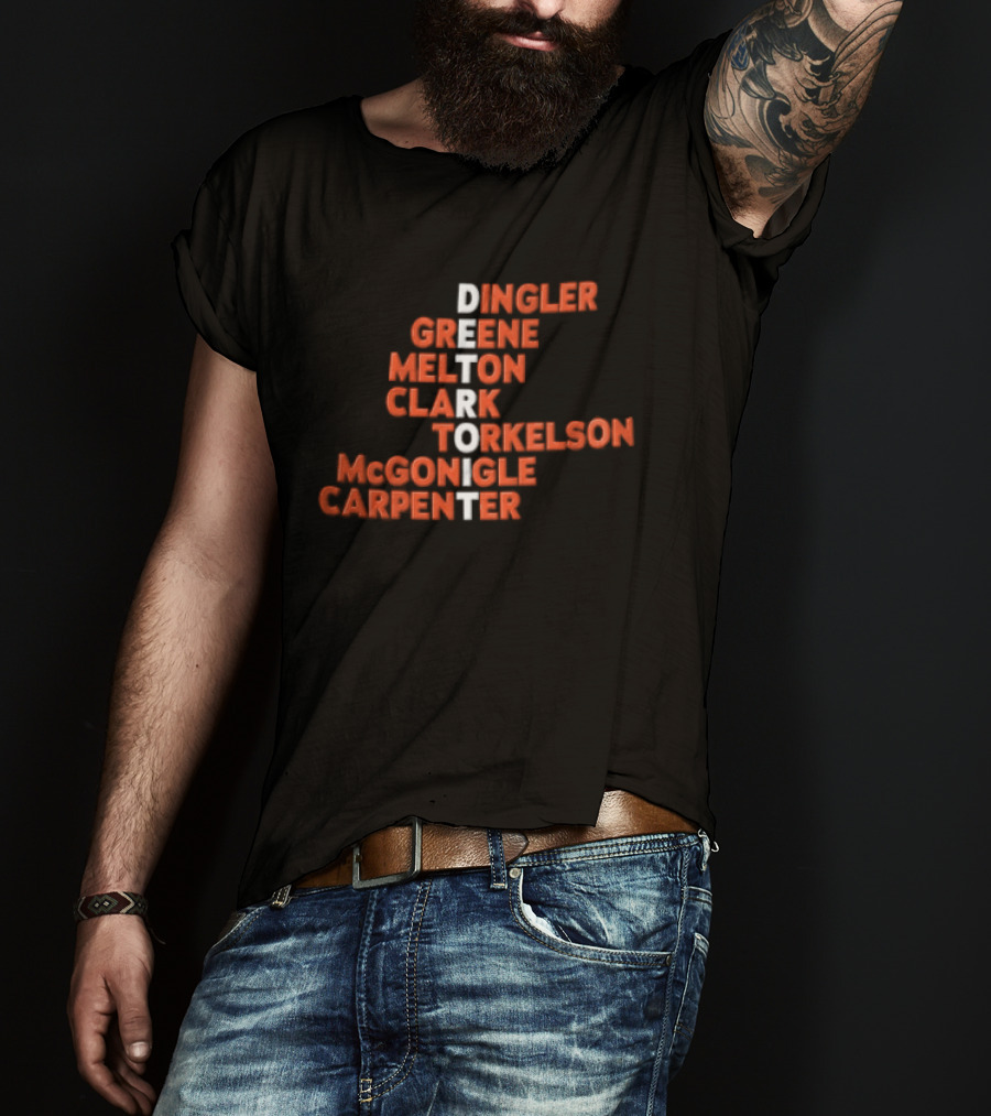 Detroit Tigers Dingler Greene Melton Clark Spencer Torkelson Mcgonigle Carpenter Names Vertical Arrangement T-Shirt