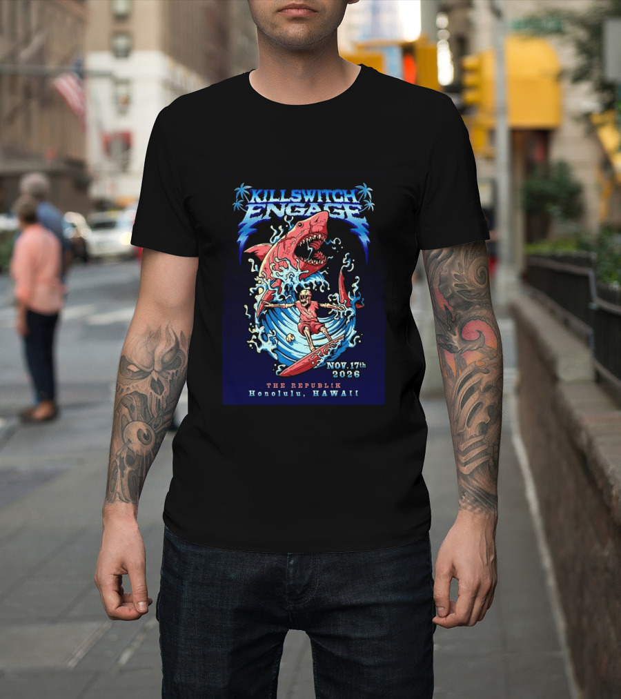 Killswitch Engage Honolulu Hawaii 2026 Event With Shark And Skeleton Surfing At The Republik November 17 T-Shirt