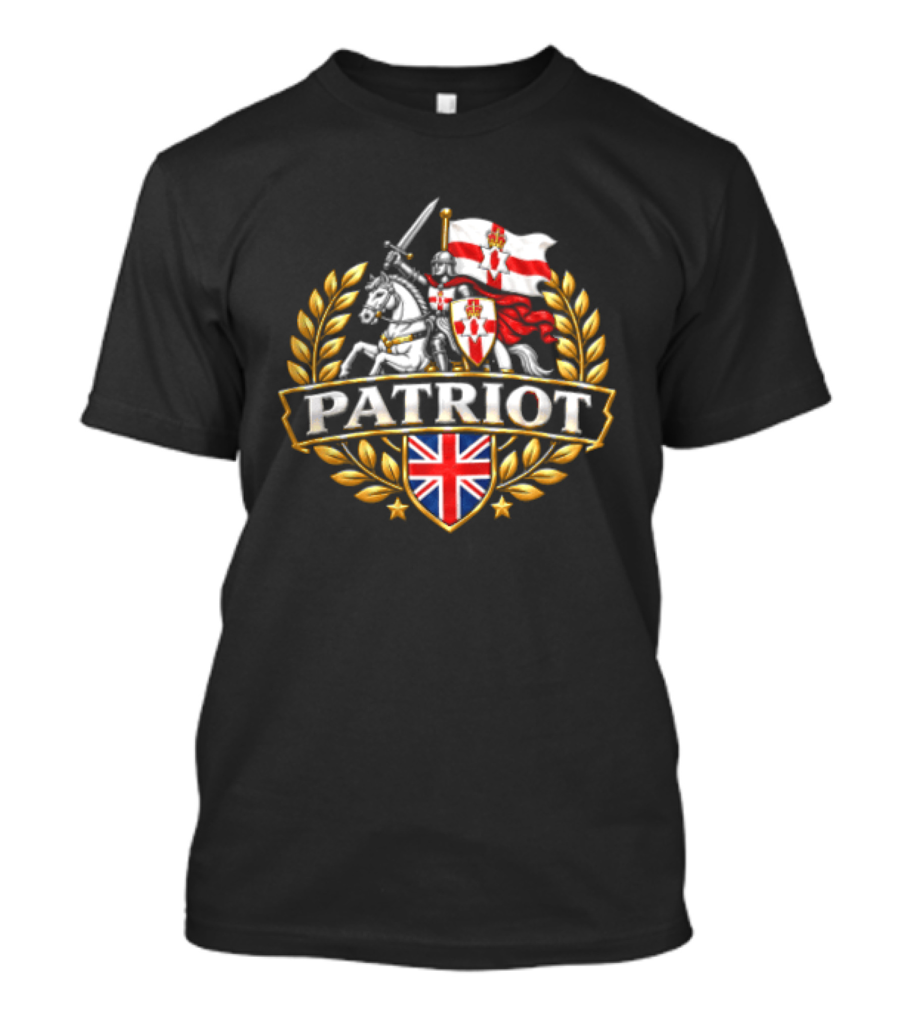 Patriot Knight Riding With Northern Ireland Flag And Union Jack Crest T-Shirt