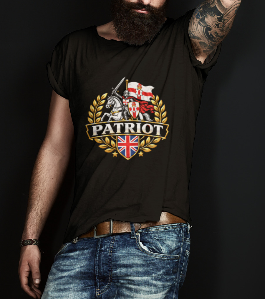 Patriot Knight Riding With Northern Ireland Flag And Union Jack Crest T-Shirt