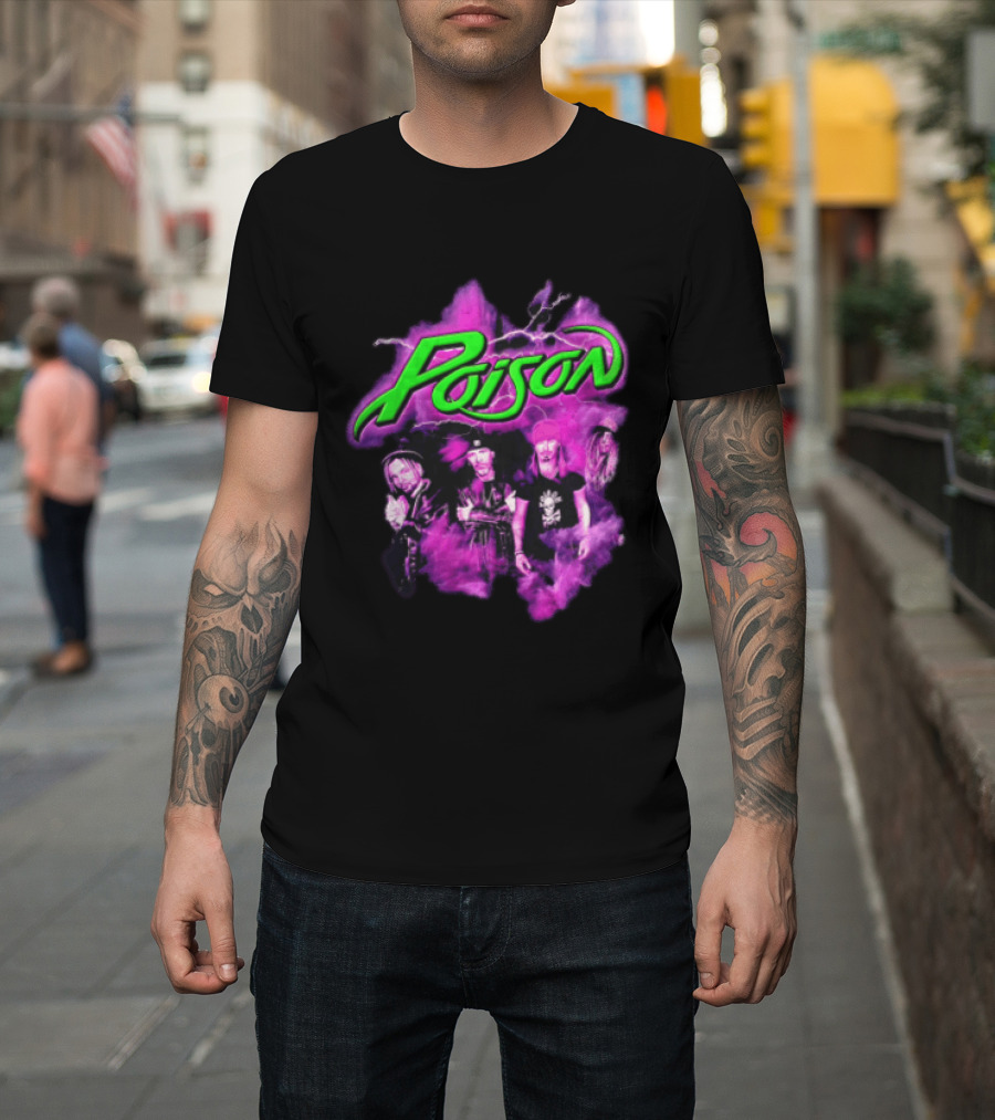Poison Band Members Graphic With Neon Green Logo And Purple Aura T-Shirt