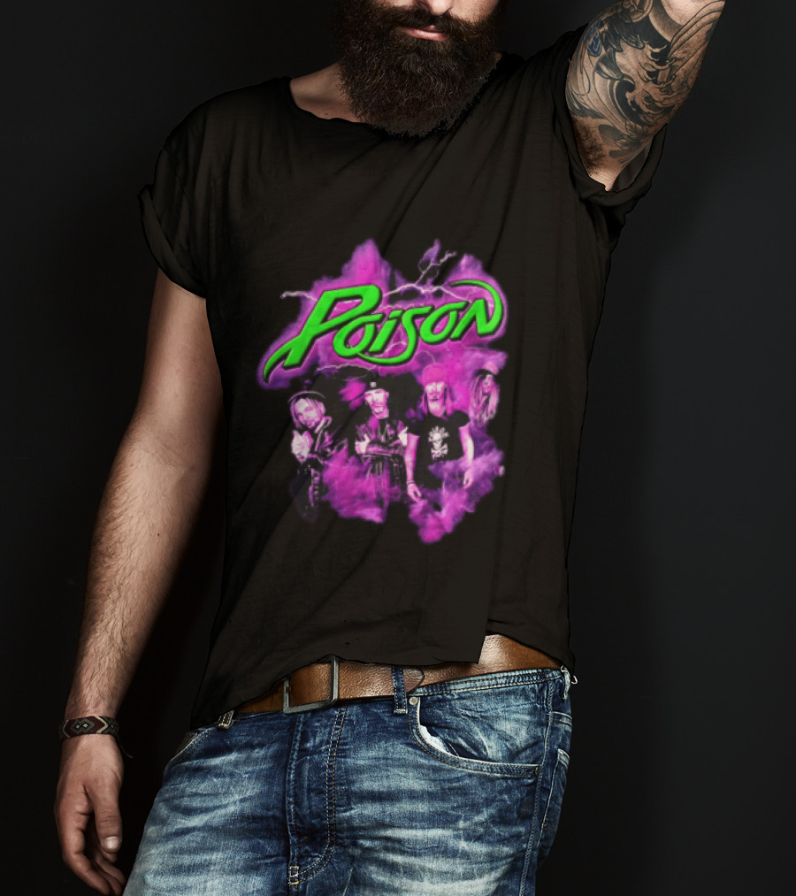 Poison Band Members Graphic With Neon Green Logo And Purple Aura T-Shirt