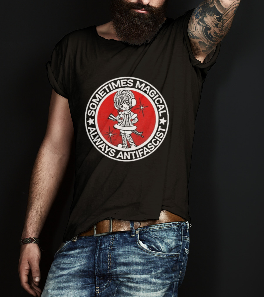 Sometimes Magical Always Antifascist With Starry Cartoon Character In Red Circle T-Shirt
