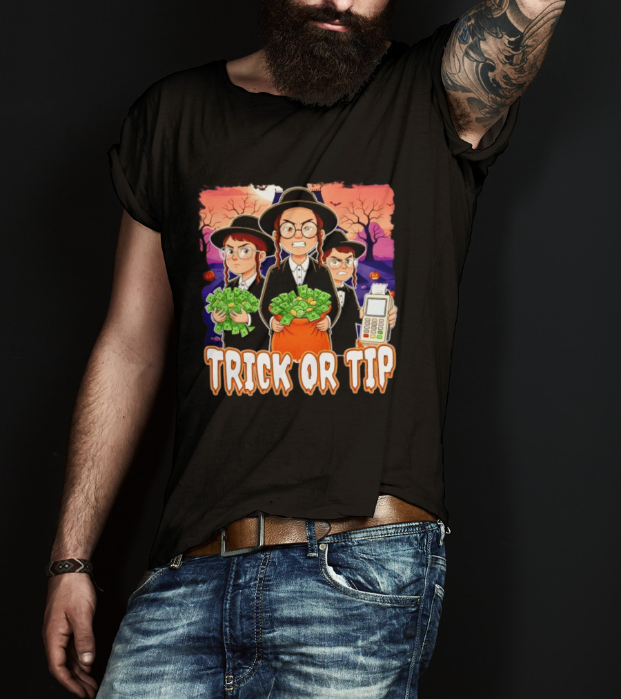 Trick Or Tip Halloween Money Bag Cartoon Characters Holding Cash And Payment Terminal T-Shirt