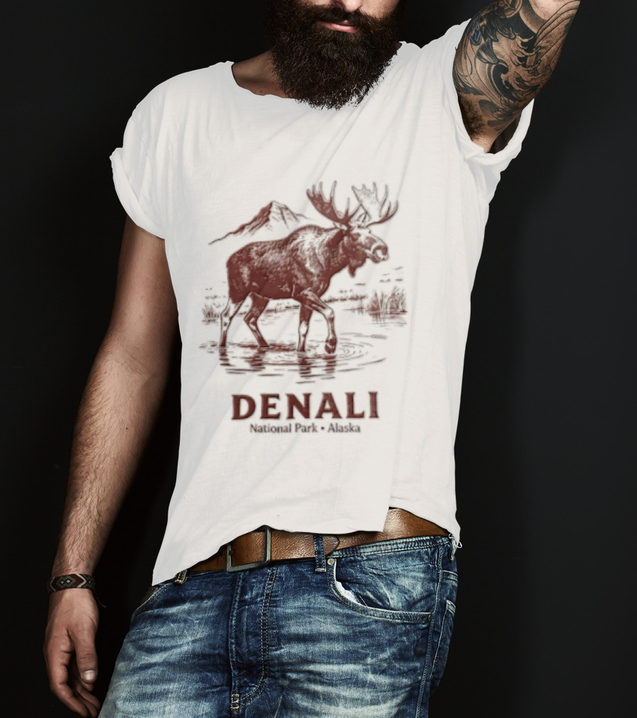 Denali Moose Walking In Water Near Mountain Scenery T-Shirt