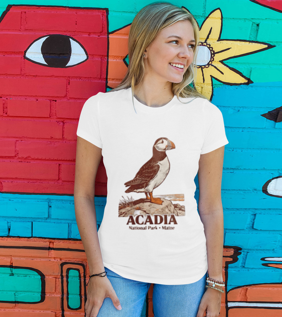 Acadia National Park Maine Puffin Standing On Rock T-Shirt
