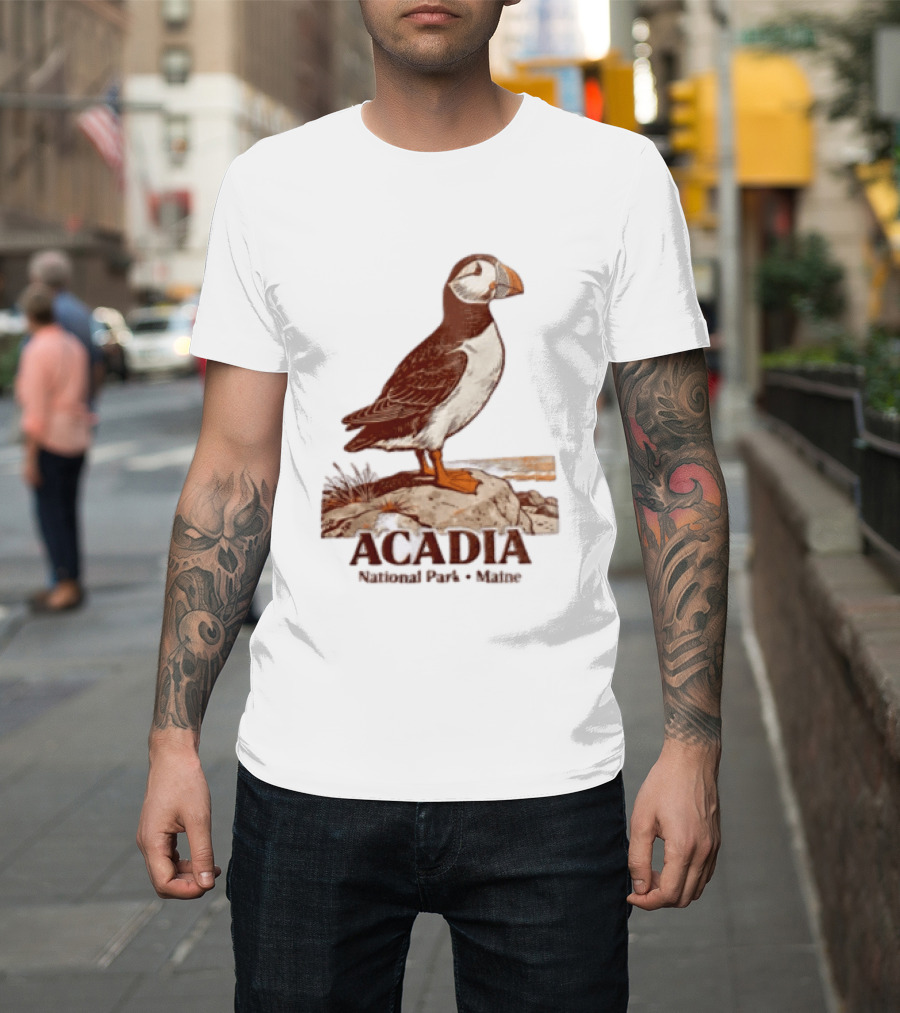 Acadia National Park Maine Puffin Standing On Rock T-Shirt