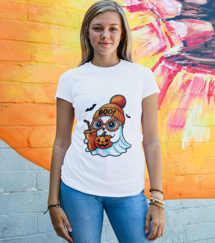 BOO Halloween Ghost With Pumpkin And Drink Spooky Fall Vibes T-Shirt