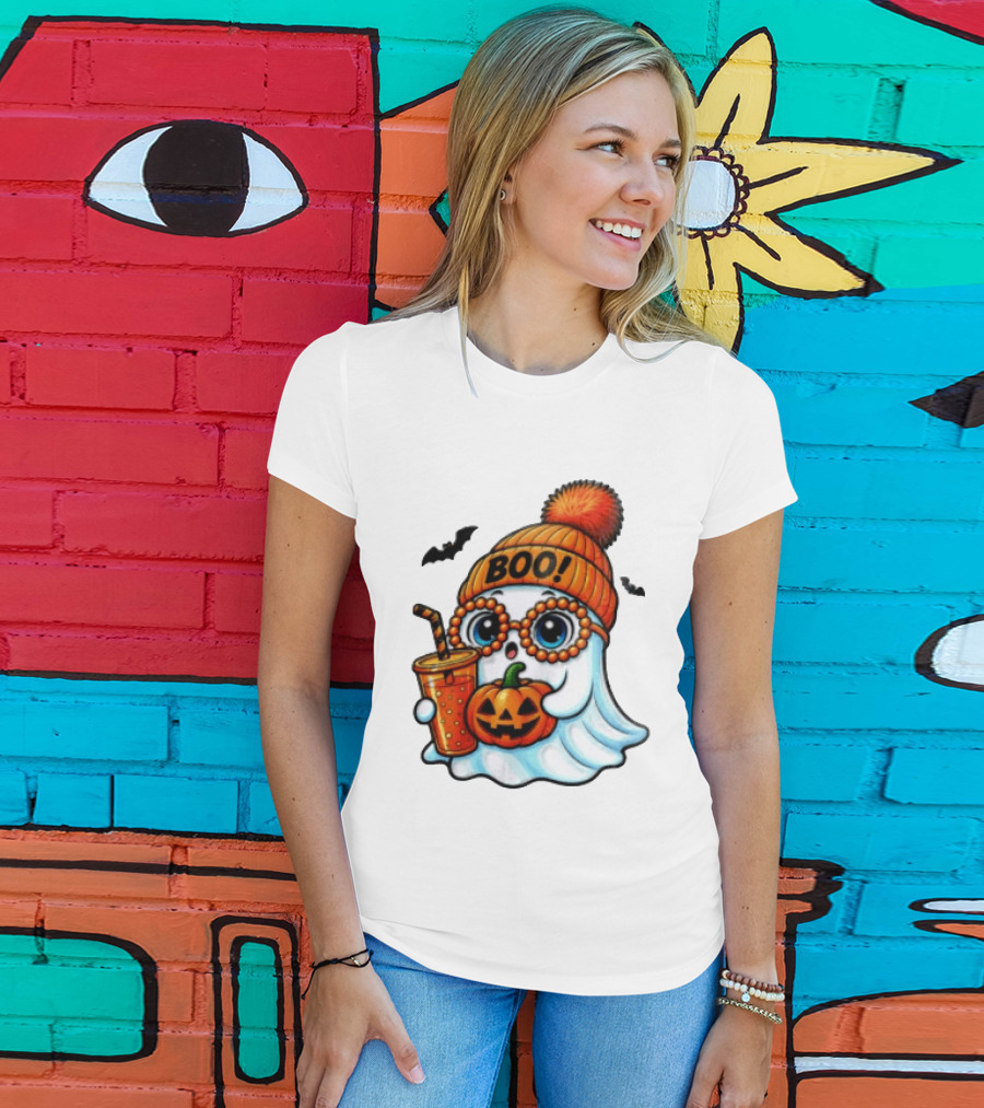 BOO Halloween Ghost With Pumpkin And Drink Spooky Fall Vibes T-Shirt