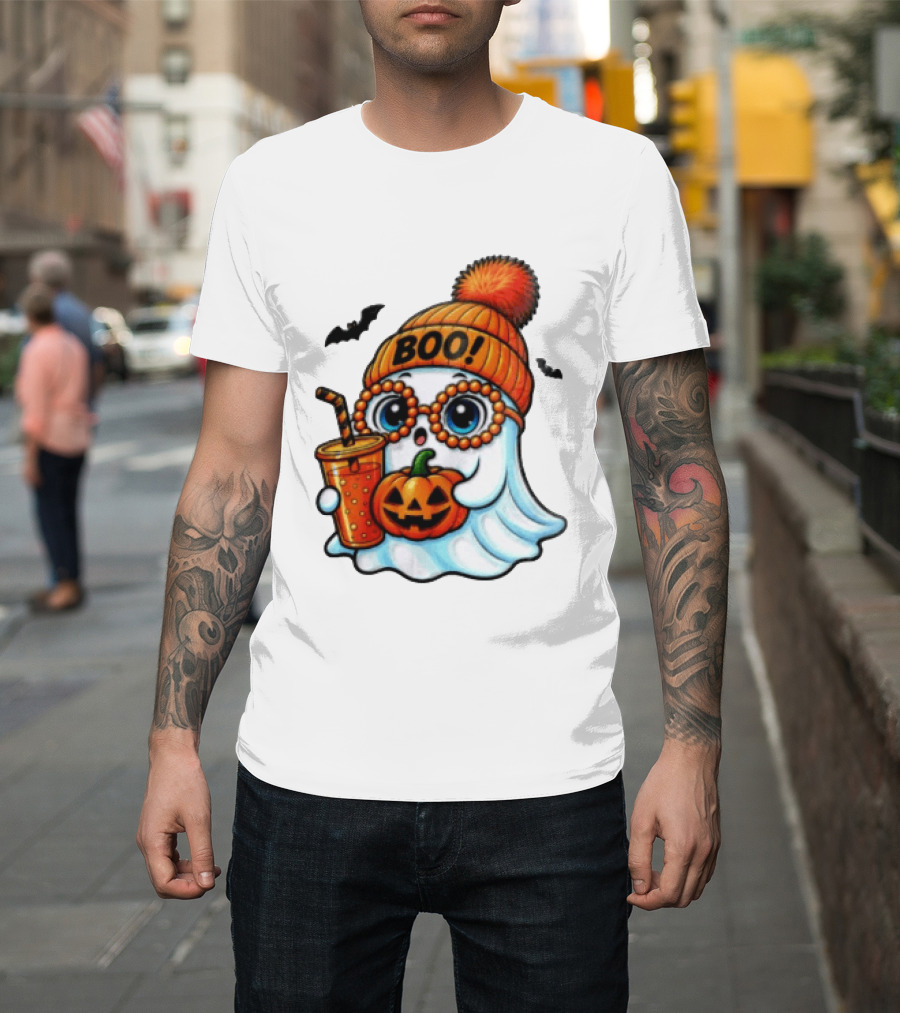 BOO Halloween Ghost With Pumpkin And Drink Spooky Fall Vibes T-Shirt
