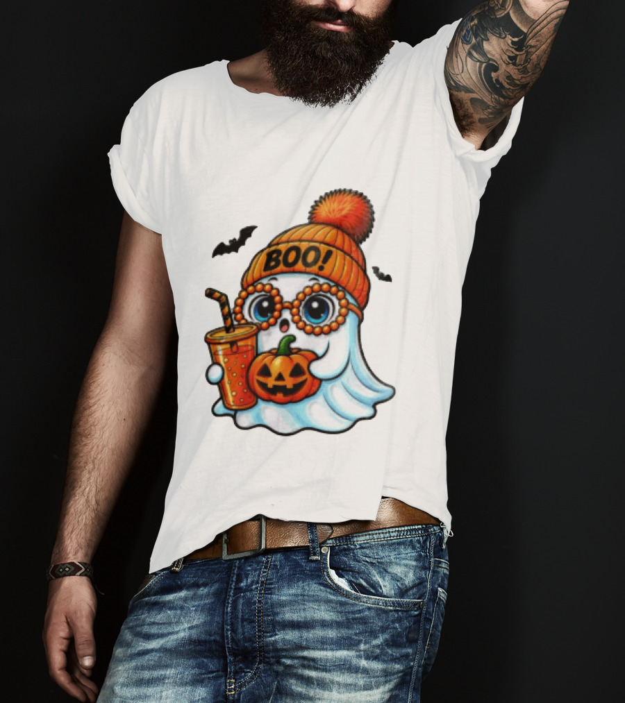 BOO Halloween Ghost With Pumpkin And Drink Spooky Fall Vibes T-Shirt