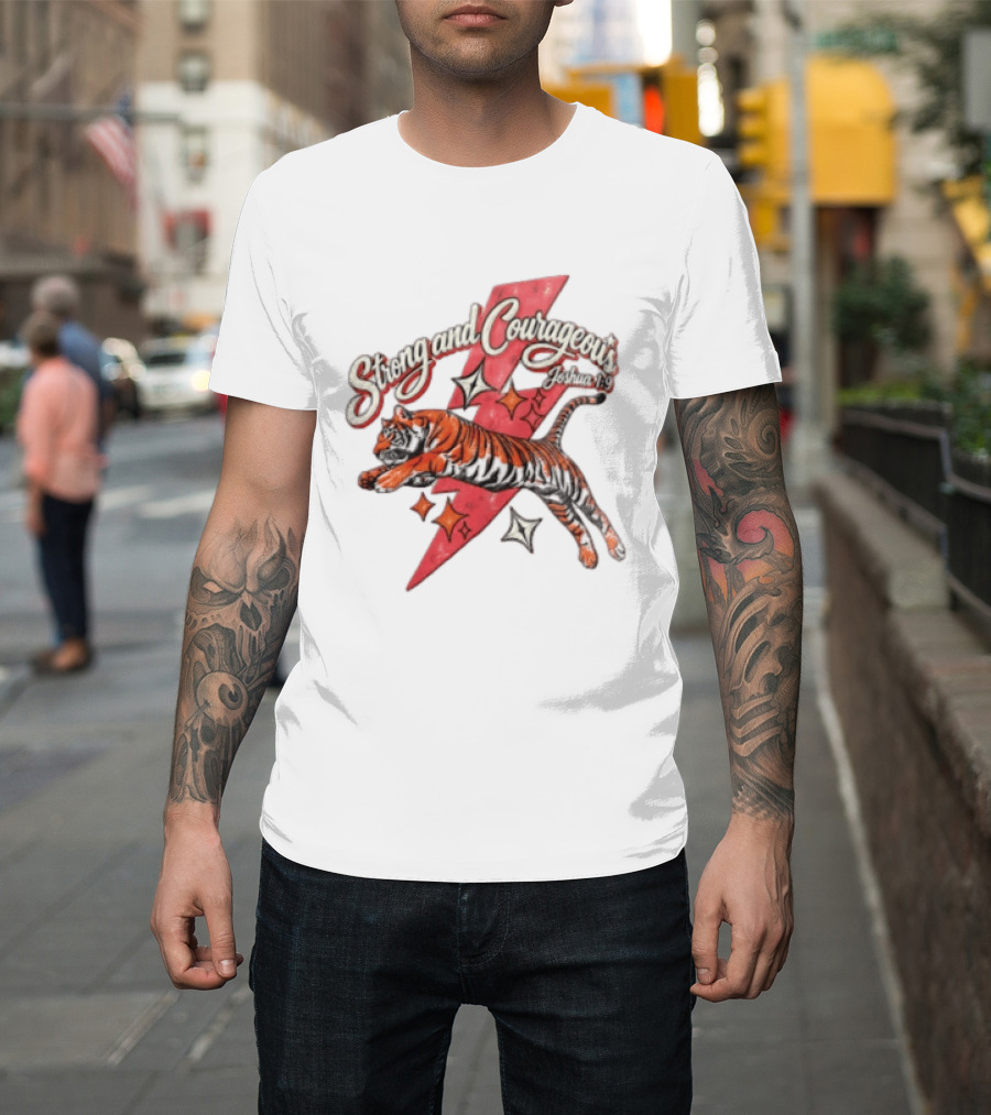 Strong And Courageous Joshua 1 9 Leaping Tiger Pink Lightning Bolt Stars T-Shirt