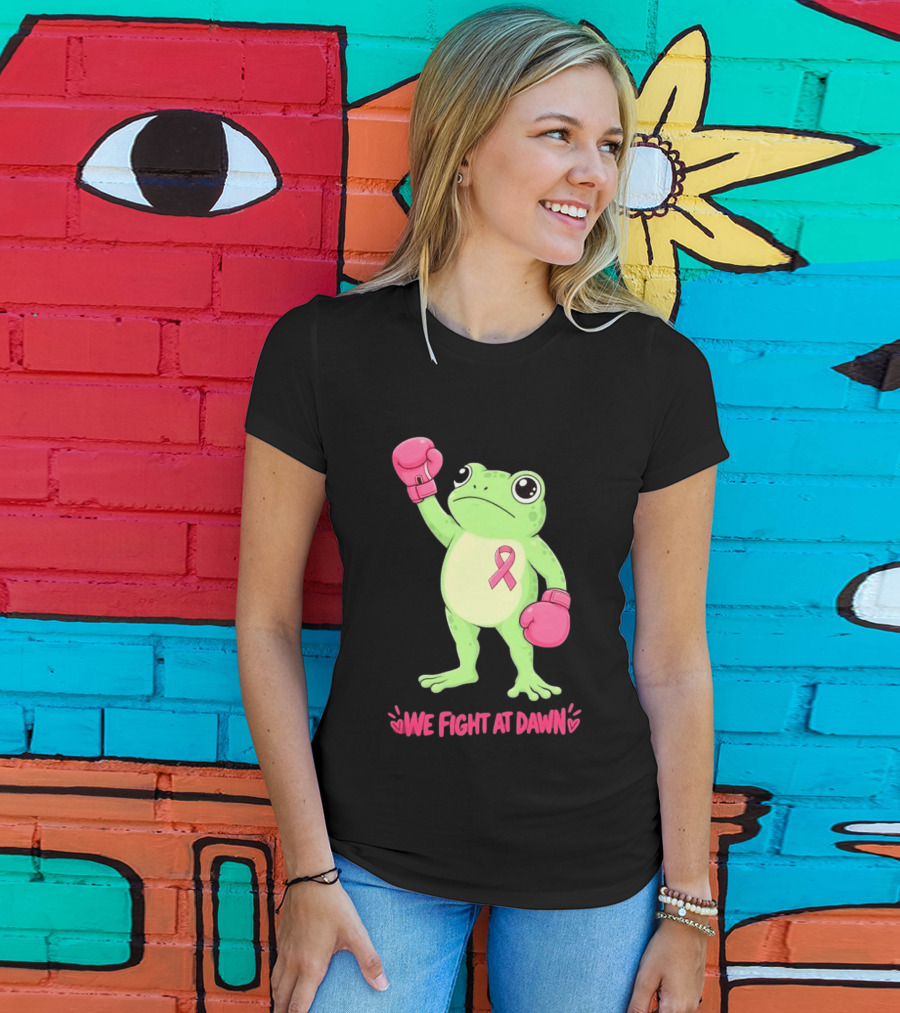Boxing Frog We Fight At Dawn Breast Cancer Awareness Pink Gloves Ribbon T-Shirt