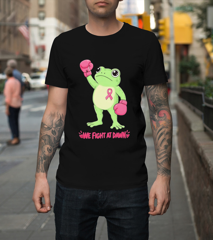 Boxing Frog We Fight At Dawn Breast Cancer Awareness Pink Gloves Ribbon T-Shirt