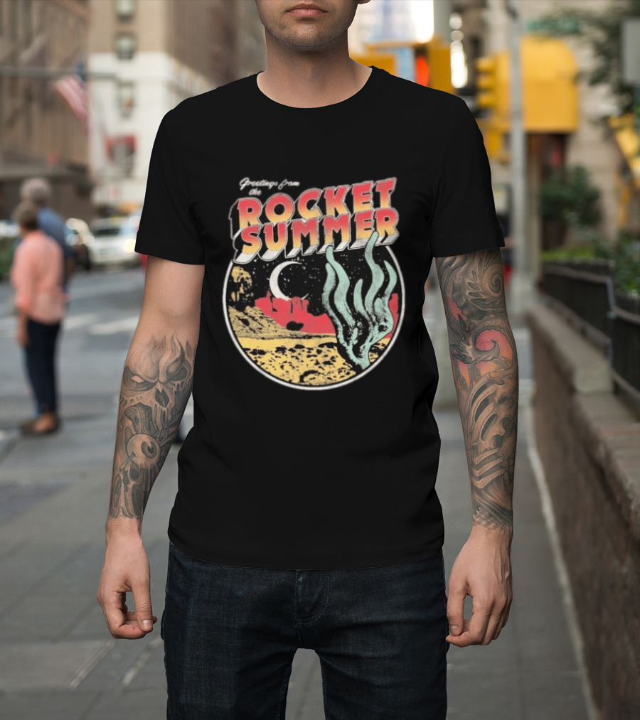 Greetings From The Rocket Summer Desert Moonlight Scene T-Shirt