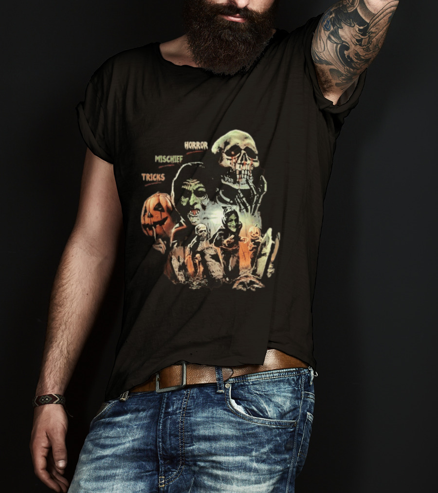 Halloween Horror Mischief Tricks Spooky Trio Skeletons And Jack O' Lanterns T-Shirt