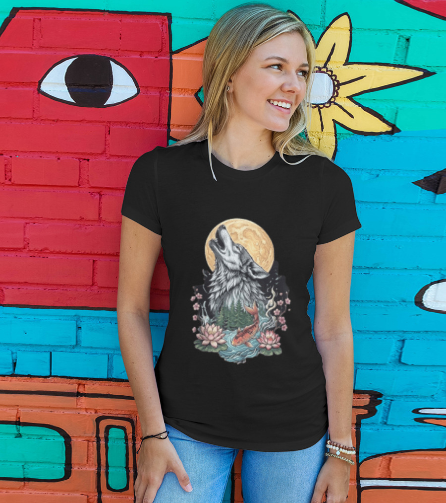 Howling Wolf Full Moon Koi Lotus Blossoms T-Shirt