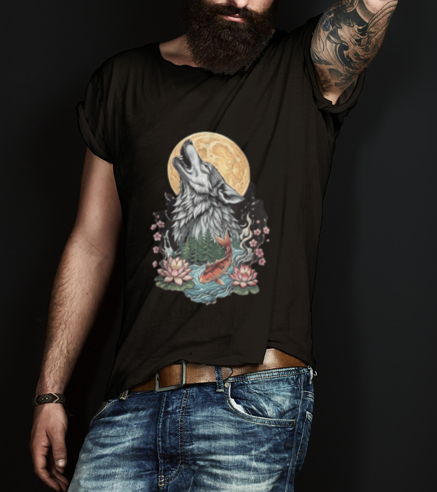 Howling Wolf Full Moon Koi Lotus Blossoms T-Shirt
