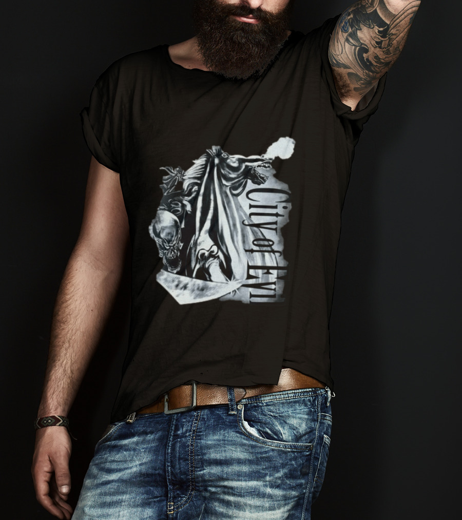 A7xworld Store City Of Evil Horseman Skull Garment Dye T-Shirt