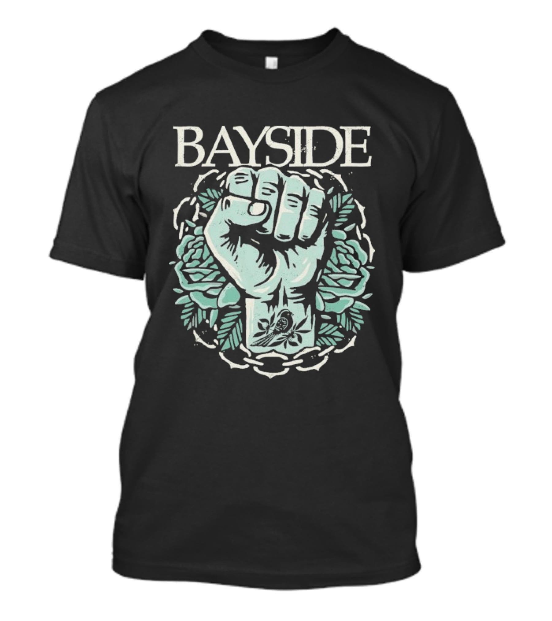Bayside Acoustic Fist Tattoo Style With Roses And Fist In Chain Circle T-Shirt