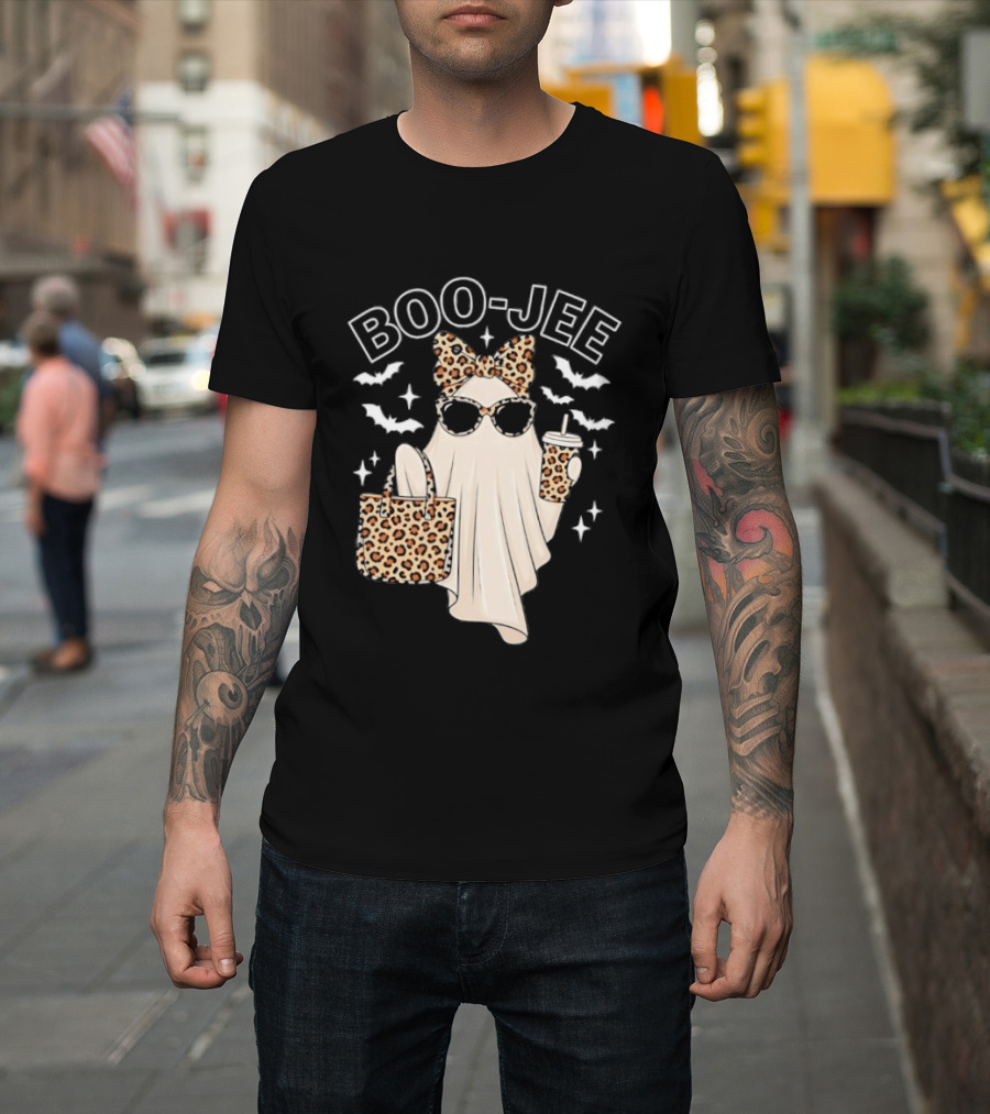 Boo Jee Stylish Ghost With Leopard Print Accessories And Bats T-Shirt