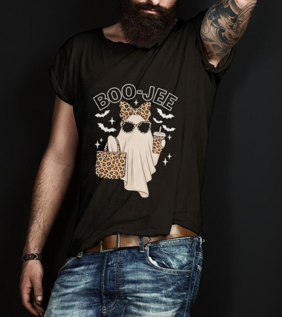 Boo Jee Stylish Ghost With Leopard Print Accessories And Bats T-Shirt
