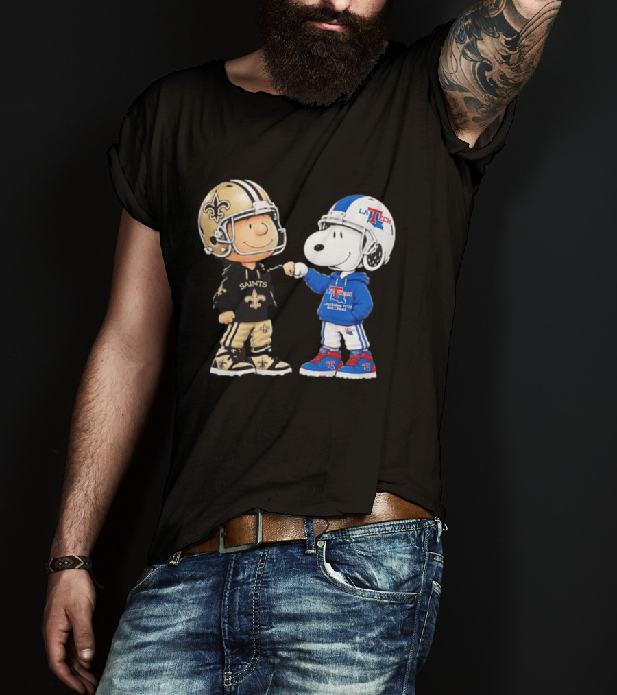 Charlie Brown Saints And Snoopy Louisiana Tech Bulldogs Team Helmet Fist Bump T-Shirt