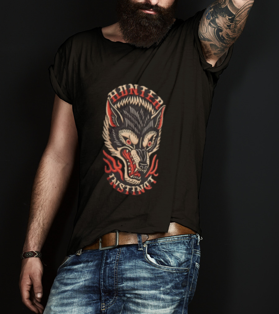 Hunter Instinct Wolf Head Flames T-Shirt