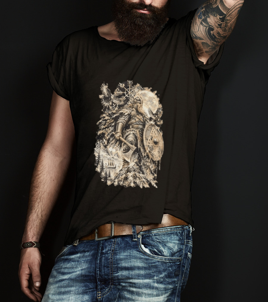 Norse God Viking Warrior Axe Valknut Symbol Raven Longship T-Shirt