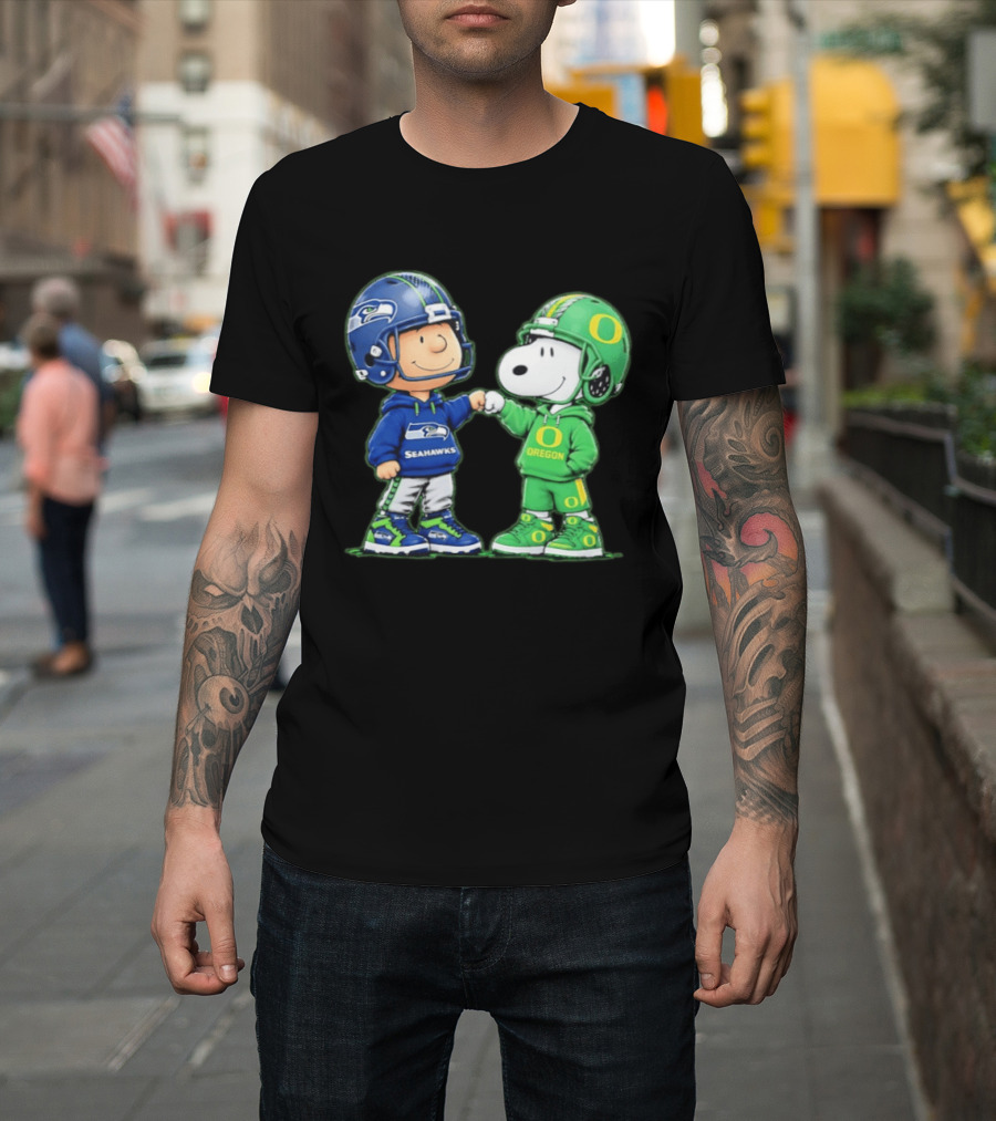 Peanuts Characters Seattle Seahawks Oregon Ducks Fist Bump Friendship Gear T-Shirt
