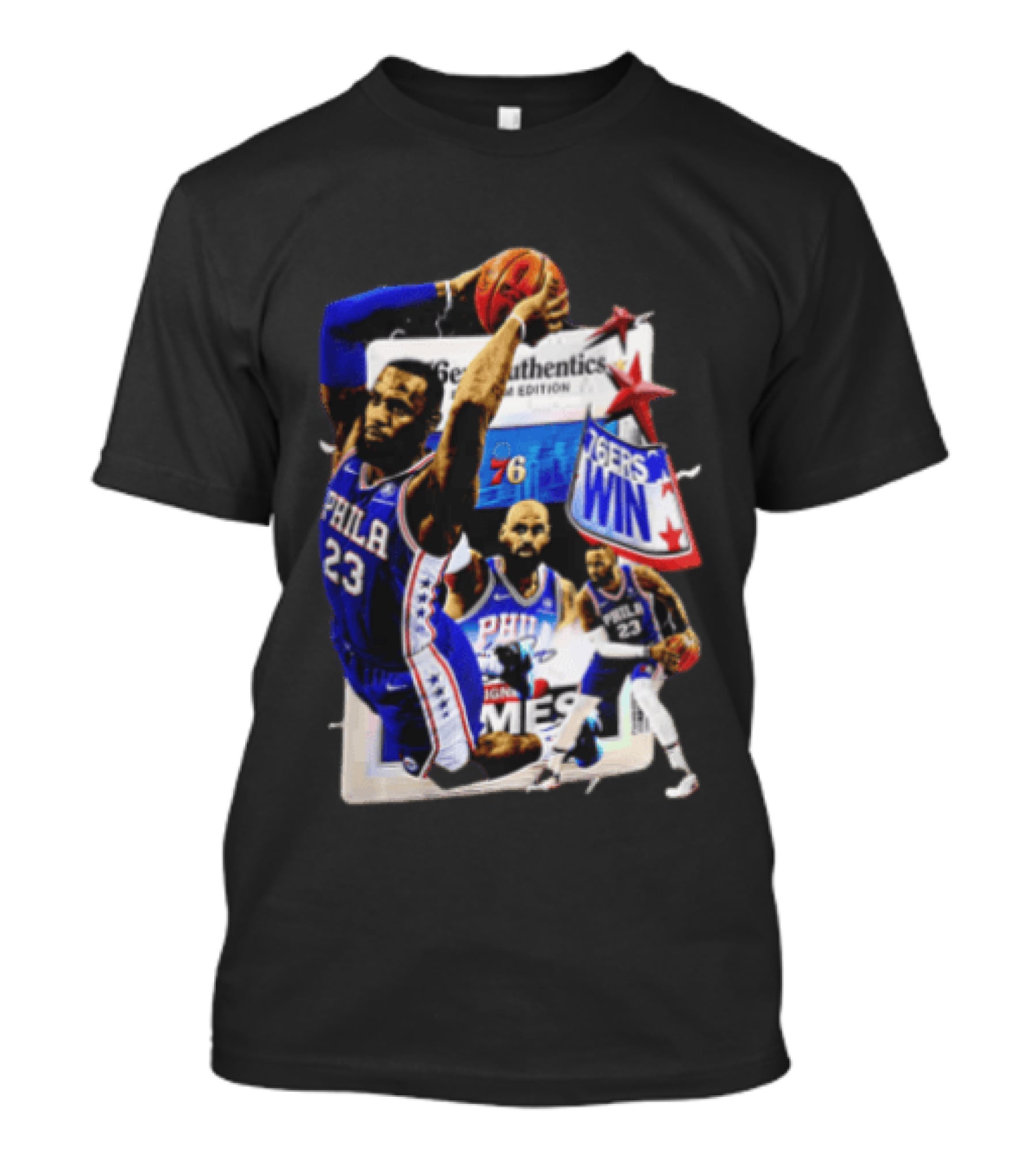 Philadelphia 76ers Lebron James Dunking Collage 76ers Win Edition T-Shirt
